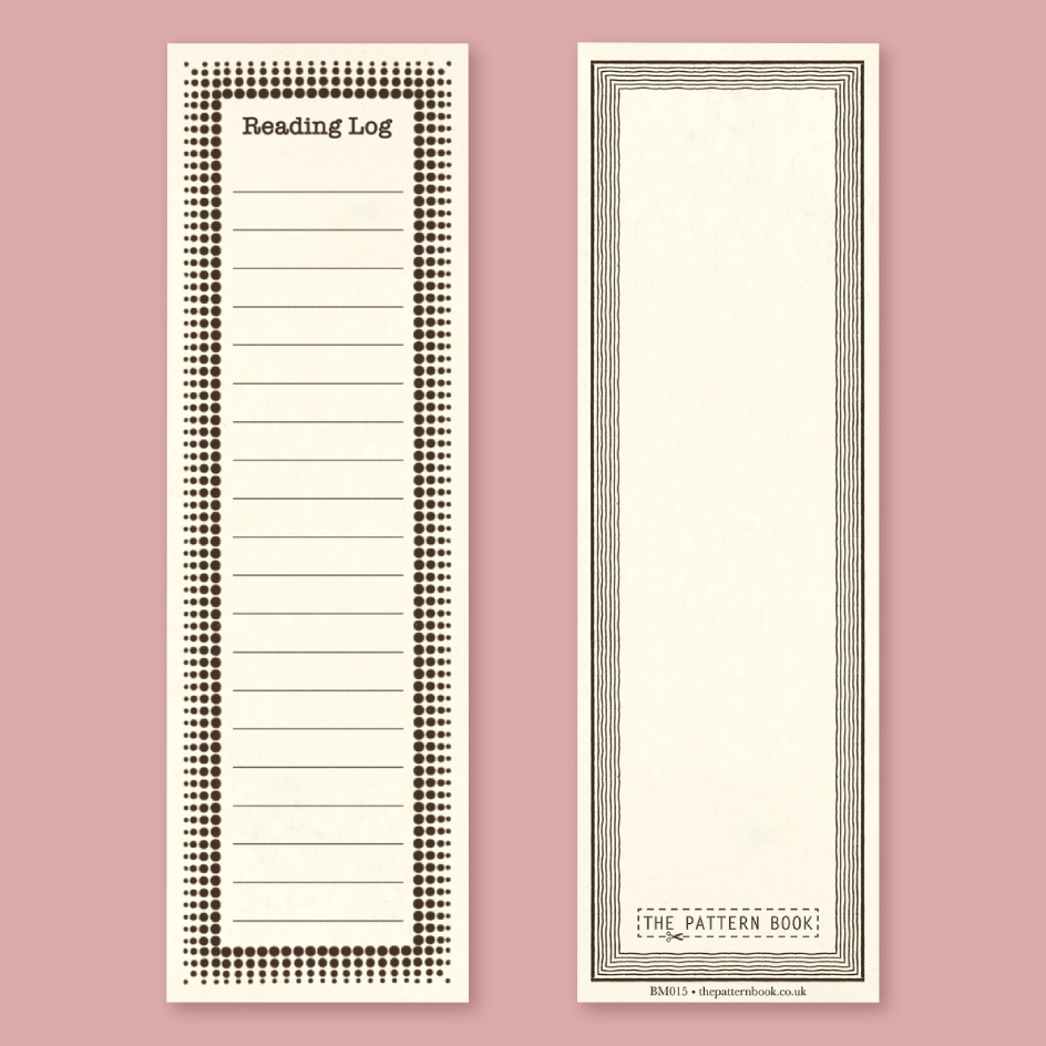 Two cream-coloured bookmarks shown on a dusty pink background. The left bookmark is labeled 'Reading Log' with lined writing space and a decorative brown border.