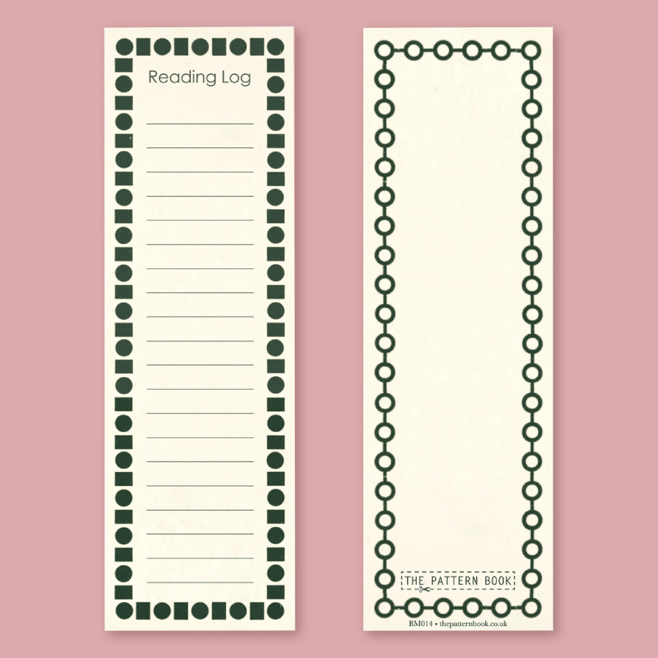 Two cream-colored bookmarks with dark green outlines, shown on a dusty pink background. The left insert is labeled 'Reading Log' with lined sections and a border of geometric shapes.