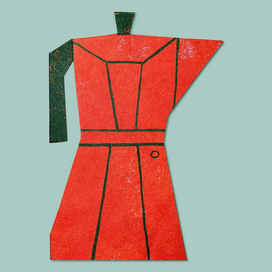 Red die-cut moka pot coffee card on a teal background. 