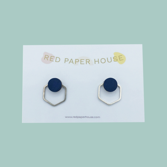Navy blue earrings on a 'Red Paper House' branded card against a light green background