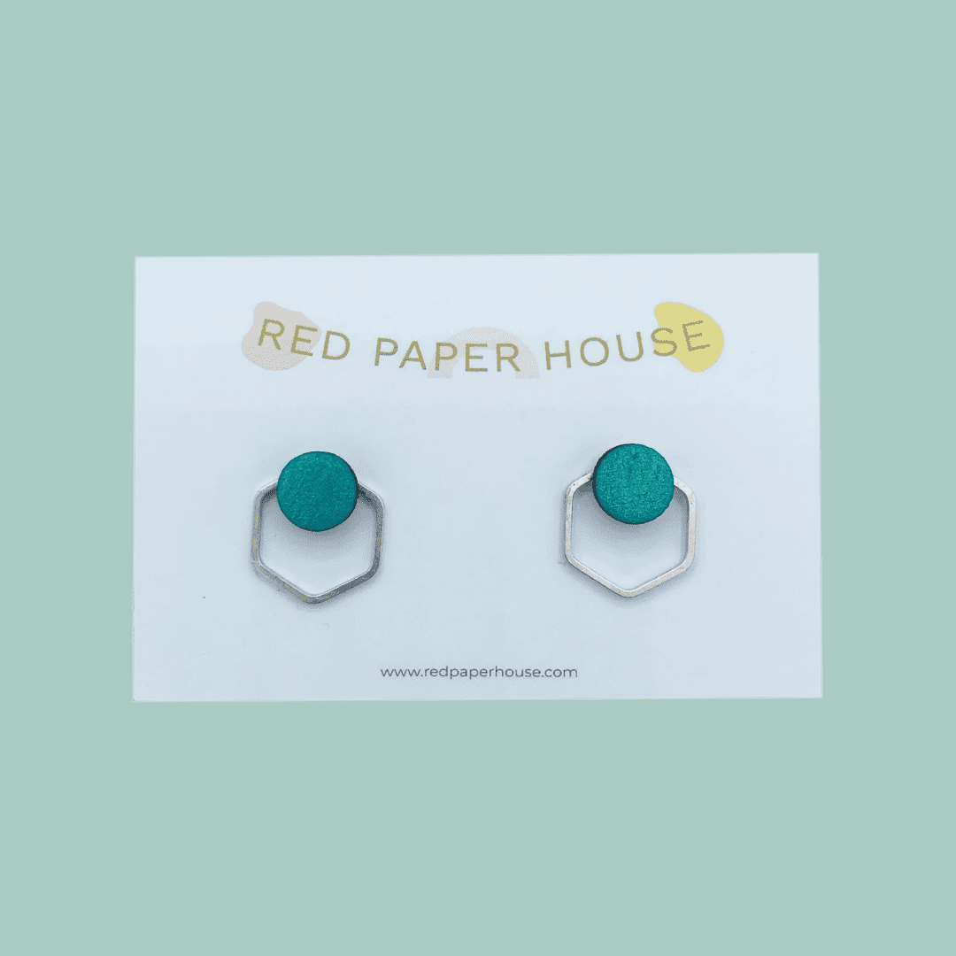 Hexa Stud Earrings - Aqua Sparkle and Silver