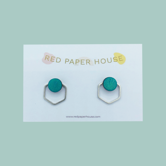 Hexa Stud Earrings - Aqua Sparkle and Silver