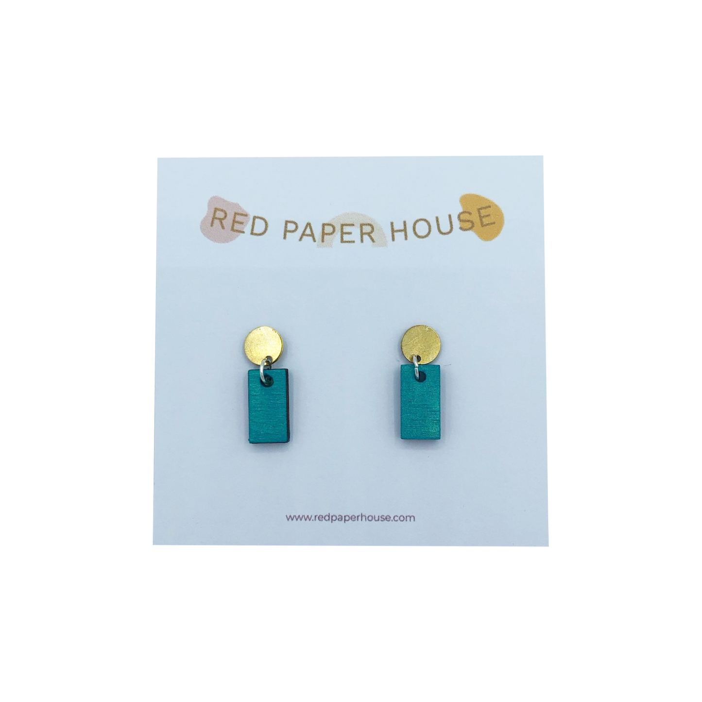 Teal earrings with gold tops on a Red Paper House branded card.