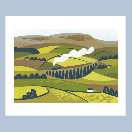 Illustration of a landscape with rolling hills and a white cloud on a light blue background