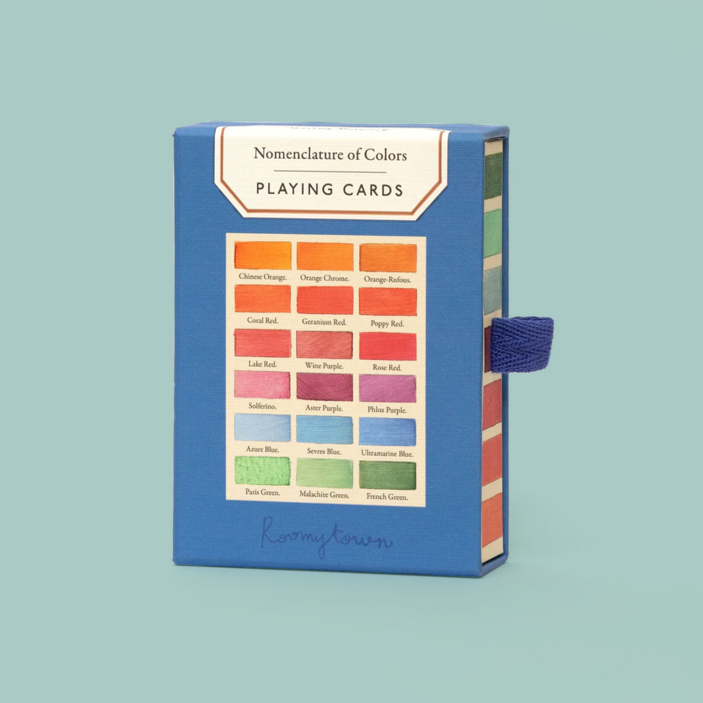 Playing cards box with color swatches on a light blue background