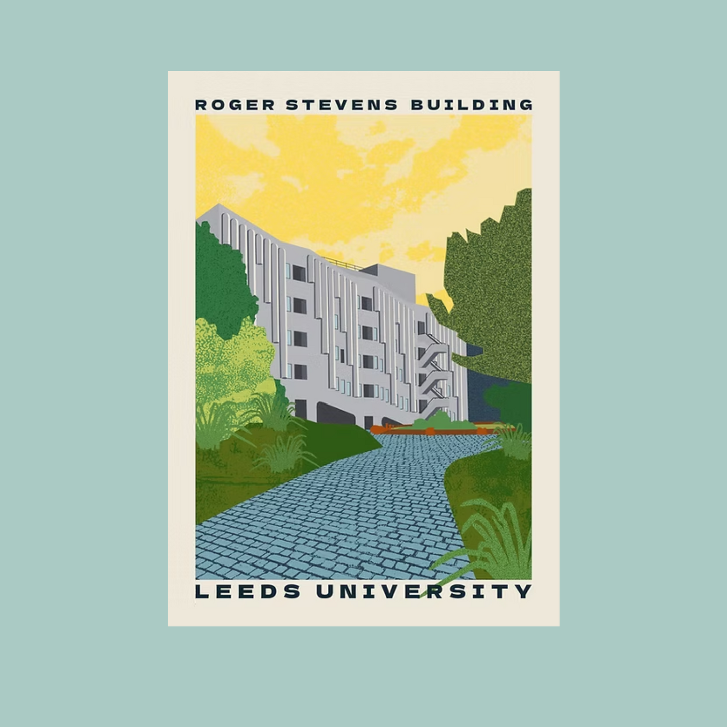 Illustration of the Roger Stevens Building at Leeds University with a blue sky and greenery.