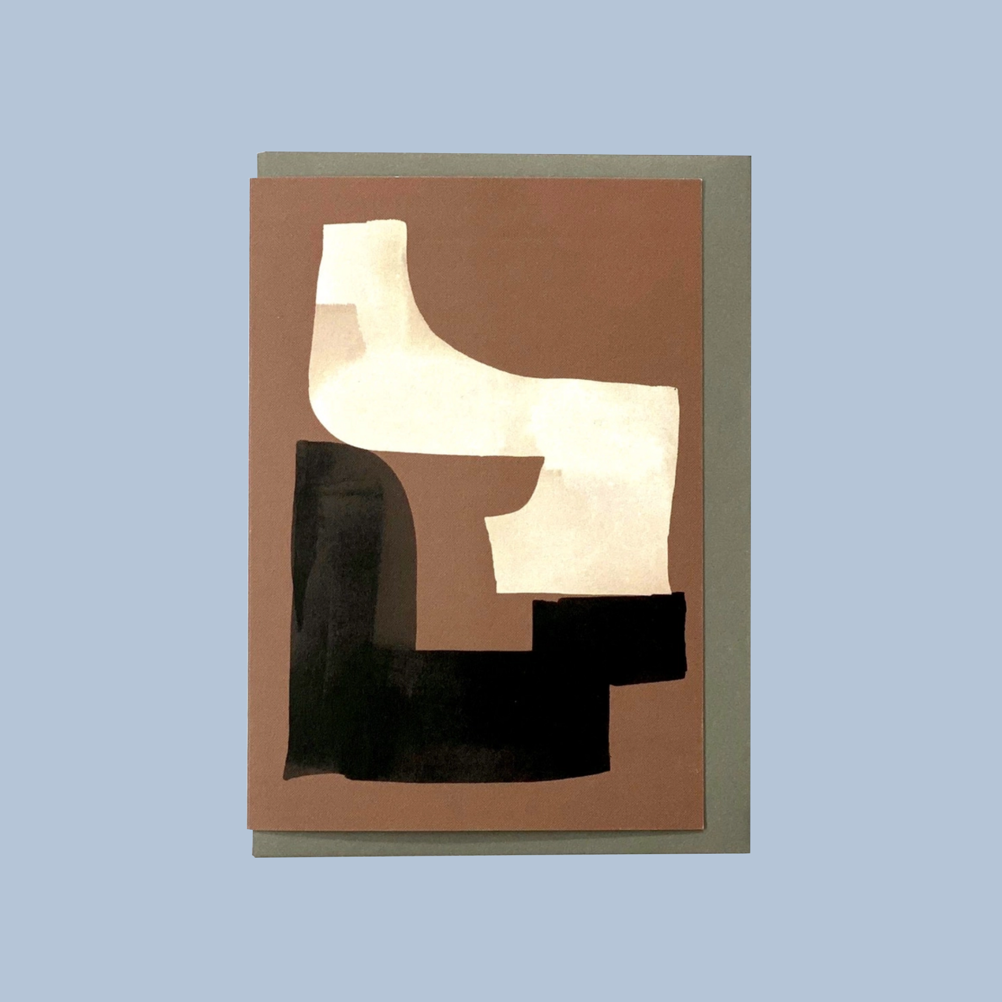 Borwn, black, and cream bstract art greetings card with geometric shapes on a light blue background