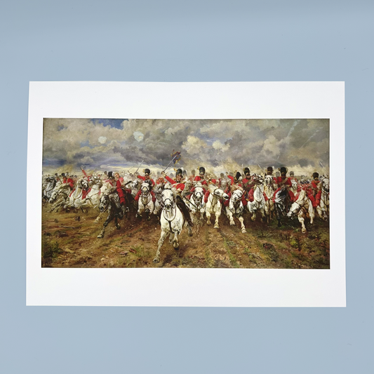 Print of a historical battle scene with soldiers on horseback.