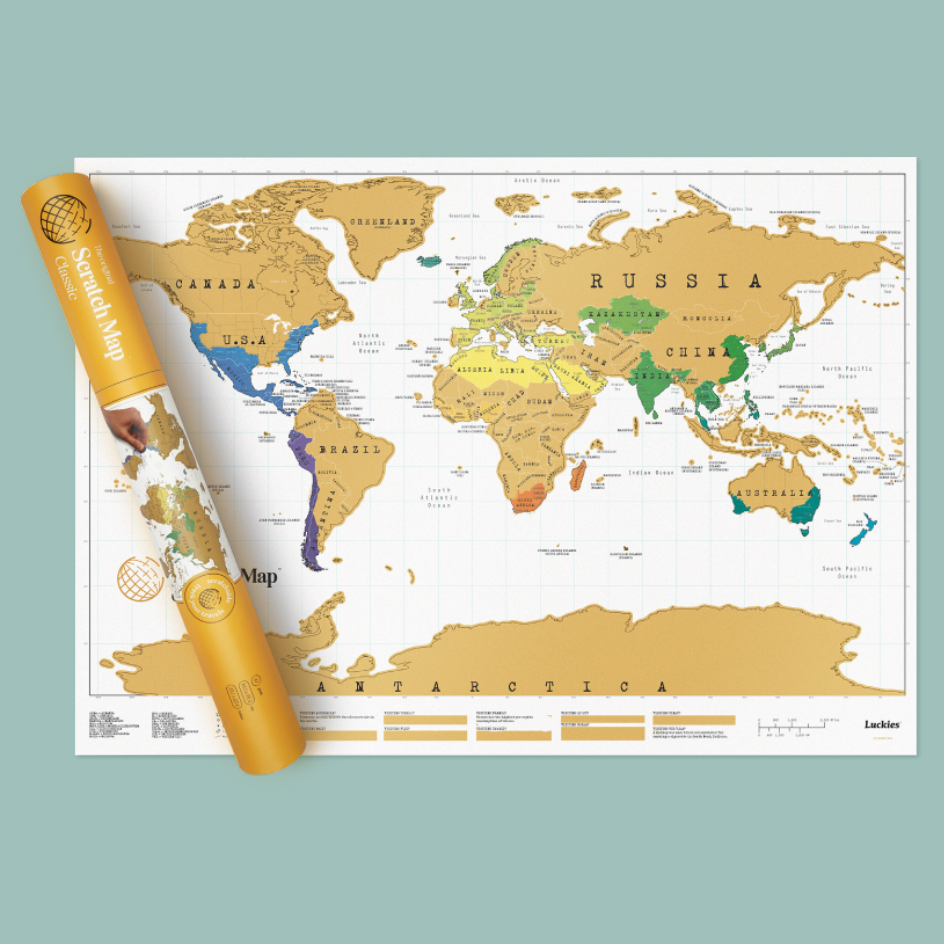 A gold world map poster with a matching rolled tube. 