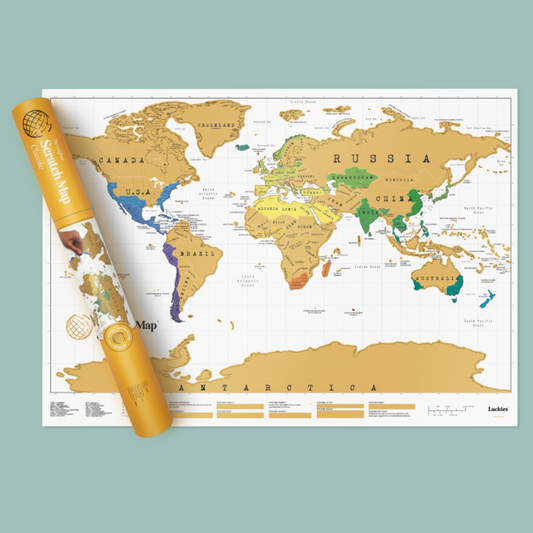 A gold world map poster with a matching rolled tube. 