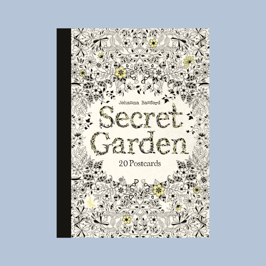 Postcard book titled 'Secret Garden' with floral design on a light blue background
