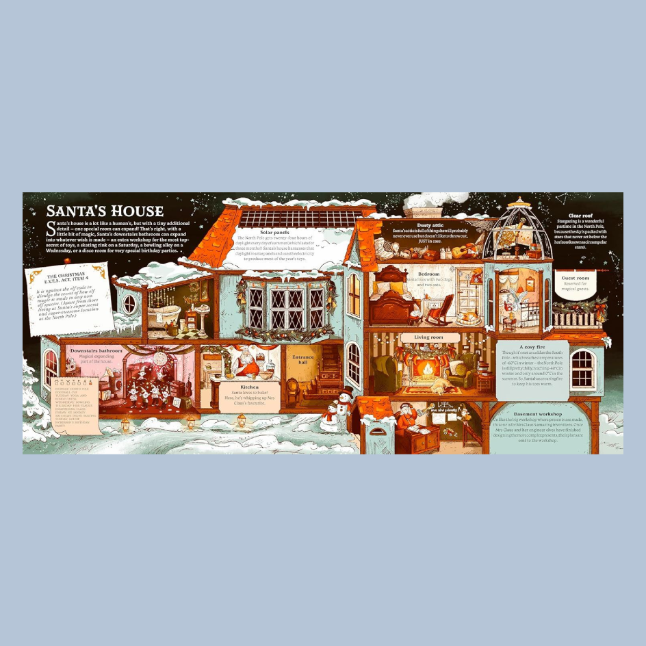 A book spread with an illustration of a cut-through of santa's house, showing different rooms. The image is centred on a pale blue background.