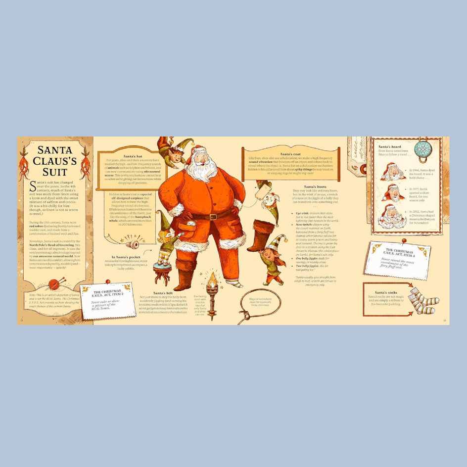 A double page book spread featuring an illustration of santa with text surrounding it. The book spread is centred on a pale blue background. 