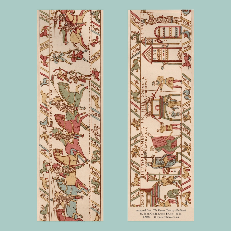 Two bookmarks showing an illustrated scene from the Bayeux Tapestry, with medieval figures, horses, ships, and architectural details on a light beige paper. The bookmarks are on a blue background.