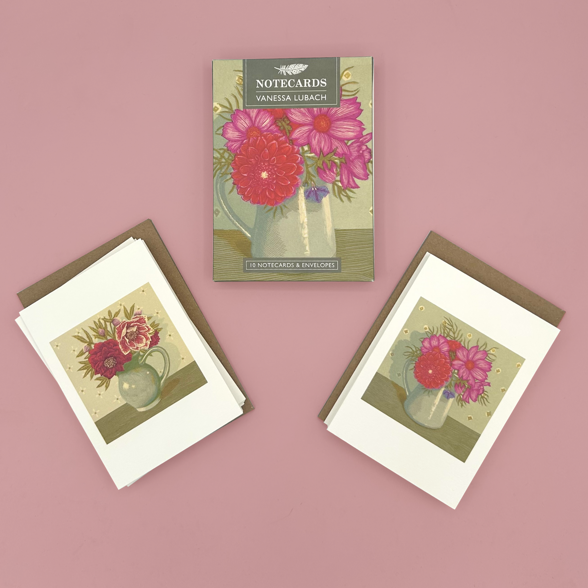 Set of floral notecards with matching box on a pink background