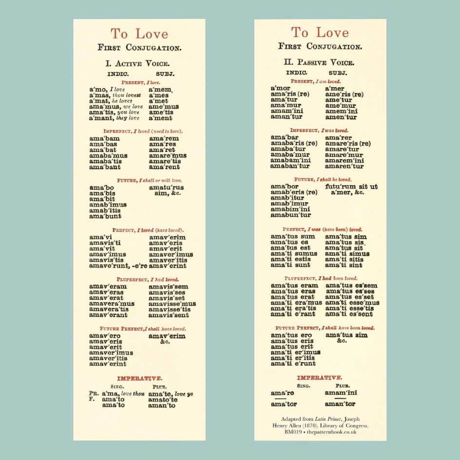 Bookmarks showing Latin conjugations of the verb 'to love'.