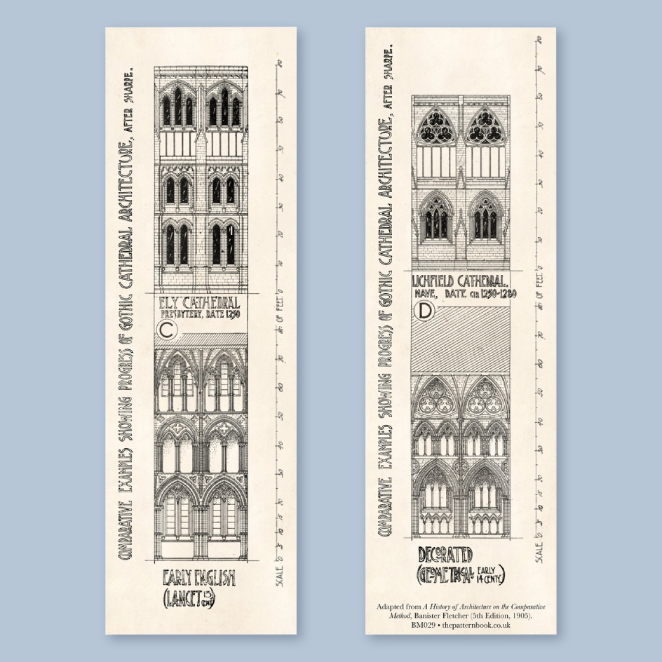 Two bookmarks shown upright on a light blue background. The bookmarks contain black line drawings and text about cathedral architecture.