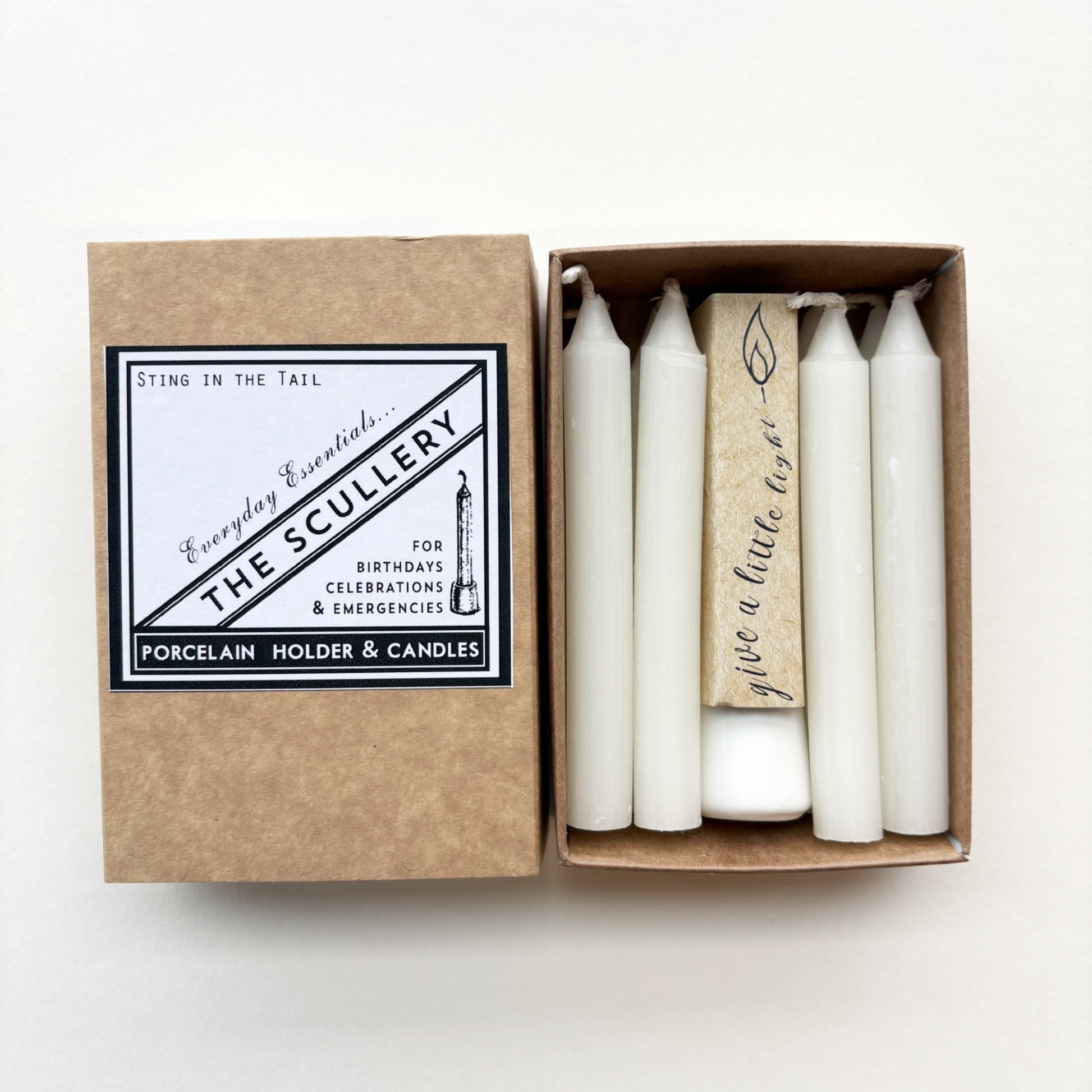 Scullery candle set with image of box sleeve and insert. 8 candles with a porcelain holder on a white background
