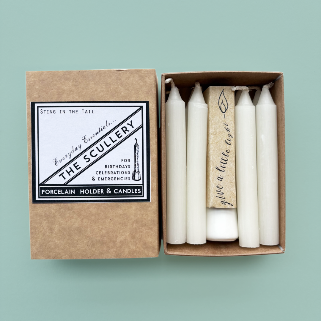 Scullery candle set with image of box sleeve and insert. 8 candles with a porcelain holder on a teal background.