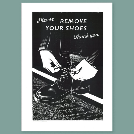 Illustration of hands tying shoelaces with text 'Please Remove Your Shoes Thank you' on a black background.