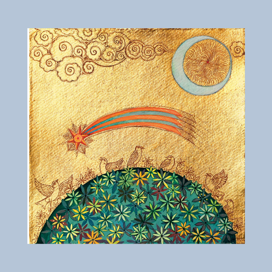 A square art print featuring a whimsical celestial illustration on a textured gold background. The design includes a crescent moon, swirling clouds, a shooting star with a starburst tip, and a green patterned semi-circle at the bottom with small bird silhouettes.
