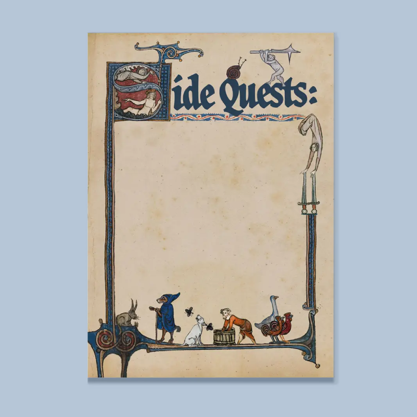 A medieval-style illustrated page or print with the gothic text 'Side Quests:' at the top, surrounded by an ornate blue border and small figures along the bottom, shown against a light blue background.