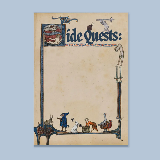 A medieval-style illustrated page or print with the gothic text 'Side Quests:' at the top, surrounded by an ornate blue border and small figures along the bottom, shown against a light blue background.