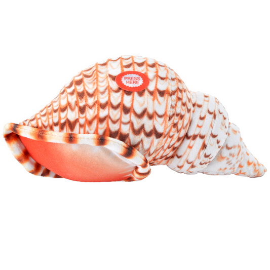 Soft toy resembling a conch shell with sound effect, primarily in orange and white colors.