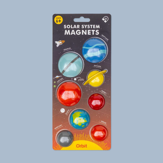 Orbit Solar System Magnets toy set in its original retail blister packaging, featuring colorful spherical planet magnets on a dark space-themed backing card.