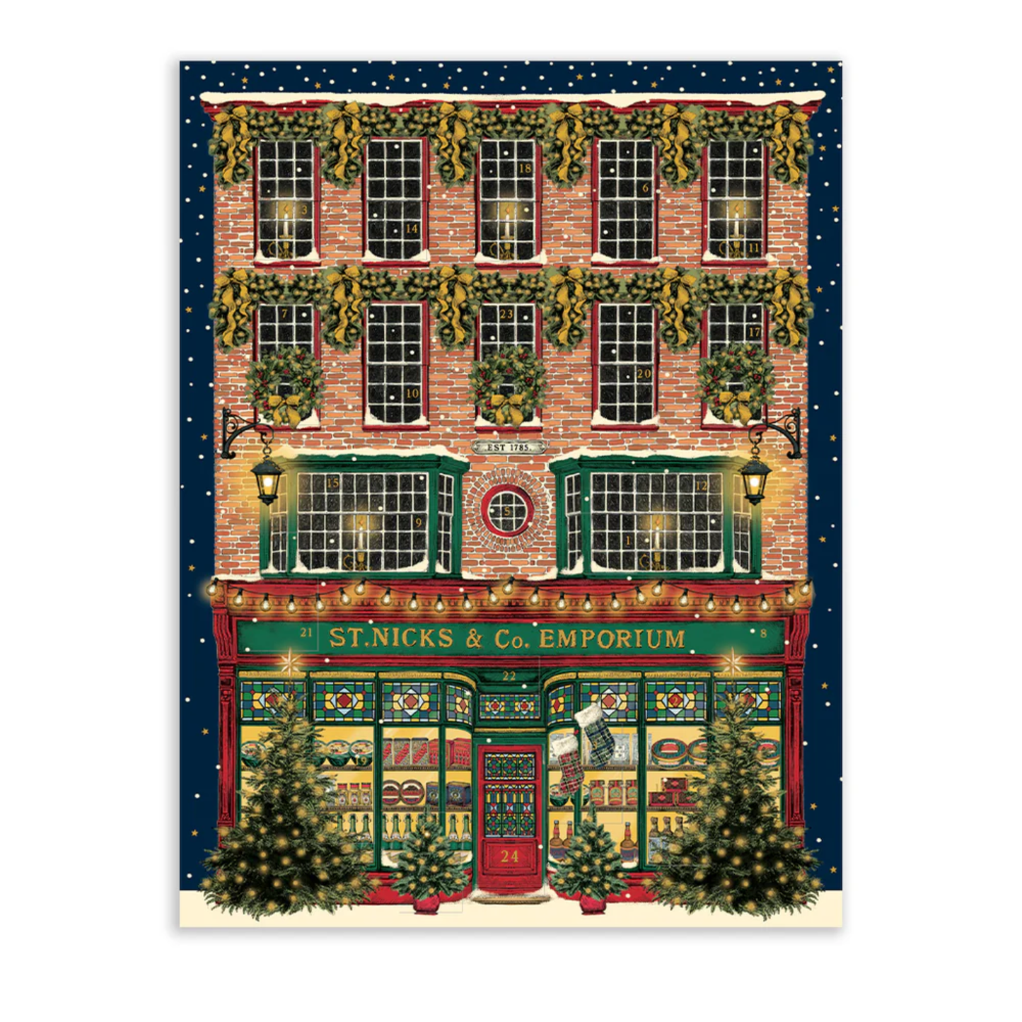 Christmas-themed advent calendar with festive building facade with decorative elements on a white background
