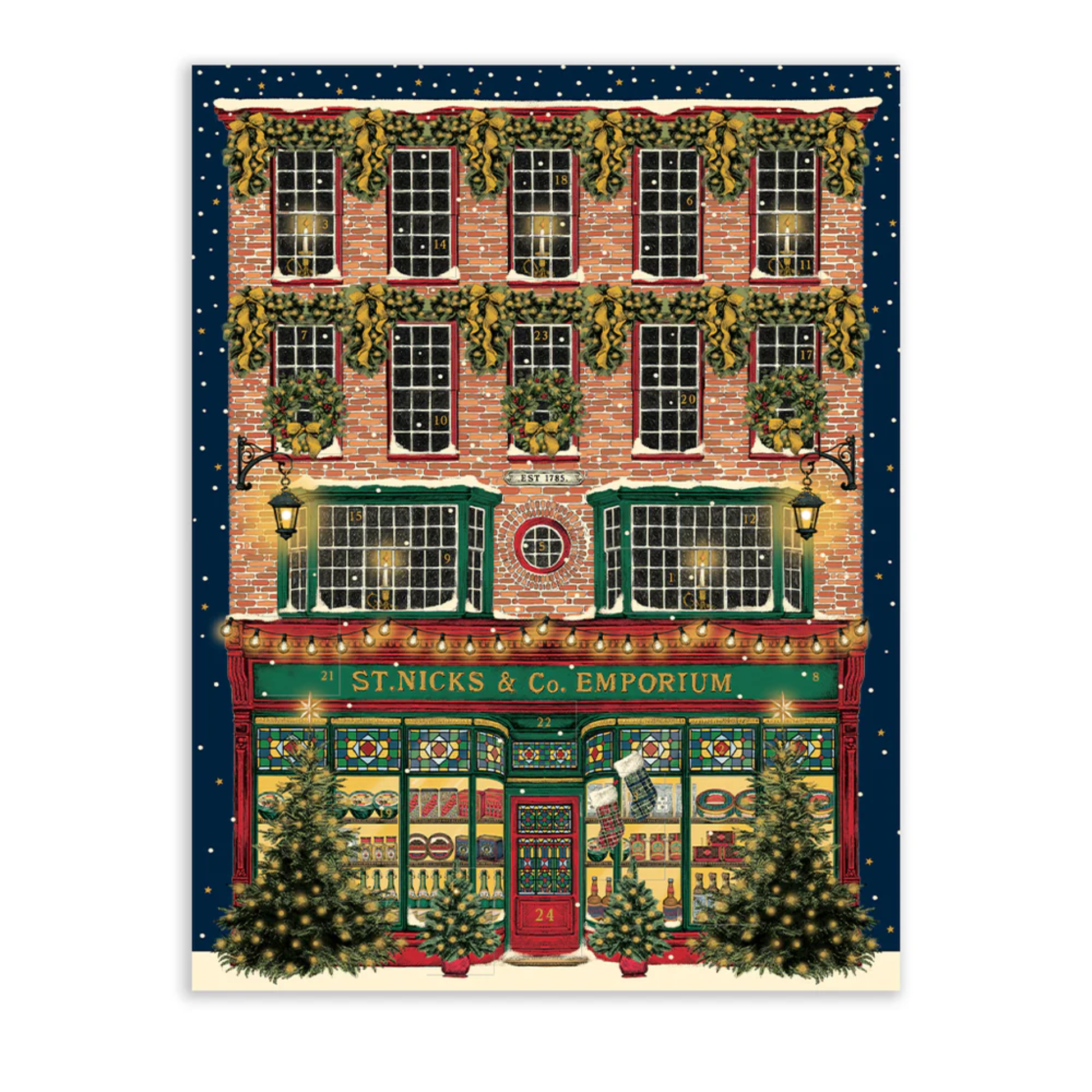 Christmas-themed advent calendar with festive building facade with decorative elements on a white background