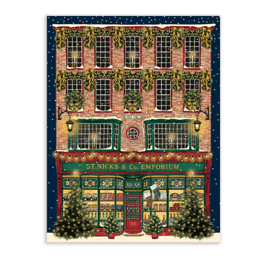 Christmas-themed advent calendar with festive building facade with decorative elements on a white background