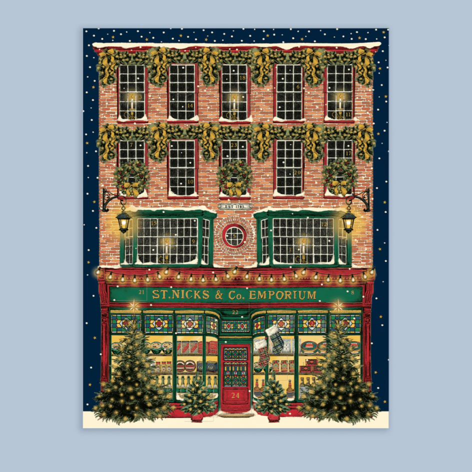 A festive advent calendar featuring a building with openable windows. 