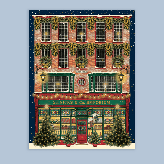 A festive advent calendar featuring a building with openable windows. 