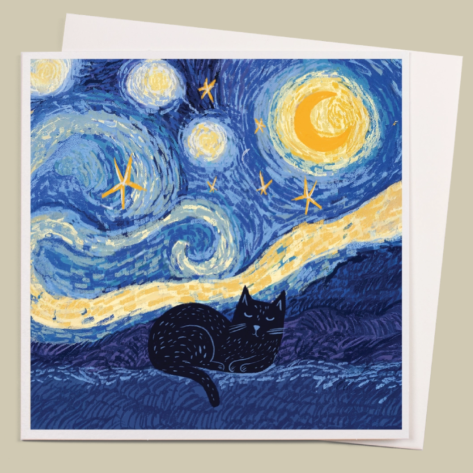 A card featuring a stylized Van Gogh-inspired night sky with swirling blue and yellow brushstrokes, stars, a crescent moon, and a black cat resting in the foreground, shown against a light beige background with a white backing card visible.