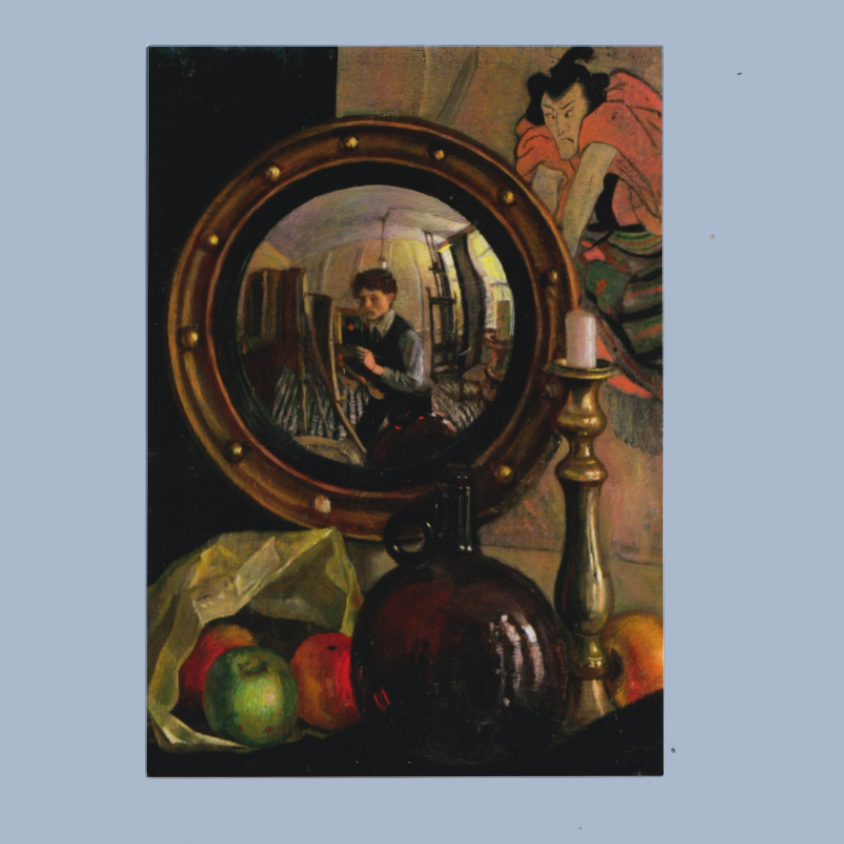 A postcard of a still life painting featuring a round mirror with a gold-toned frame, reflecting a seated figure, alongside fruit, a dark glass vessel, and a candlestick, set against a muted blue-gray background.