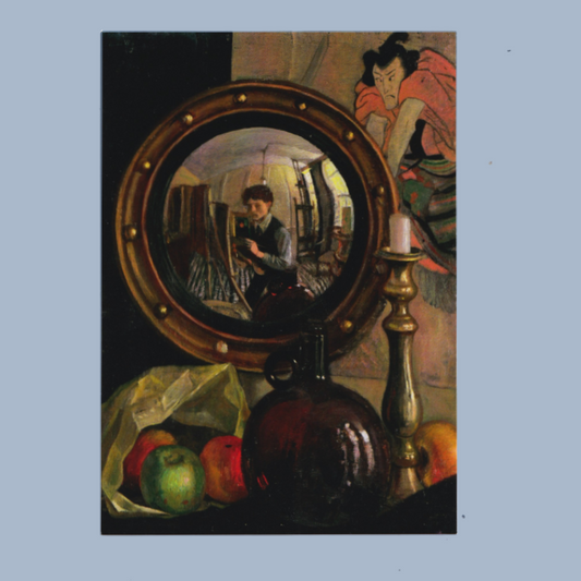 A postcard of a still life painting featuring a round mirror with a gold-toned frame, reflecting a seated figure, alongside fruit, a dark glass vessel, and a candlestick, set against a muted blue-gray background.