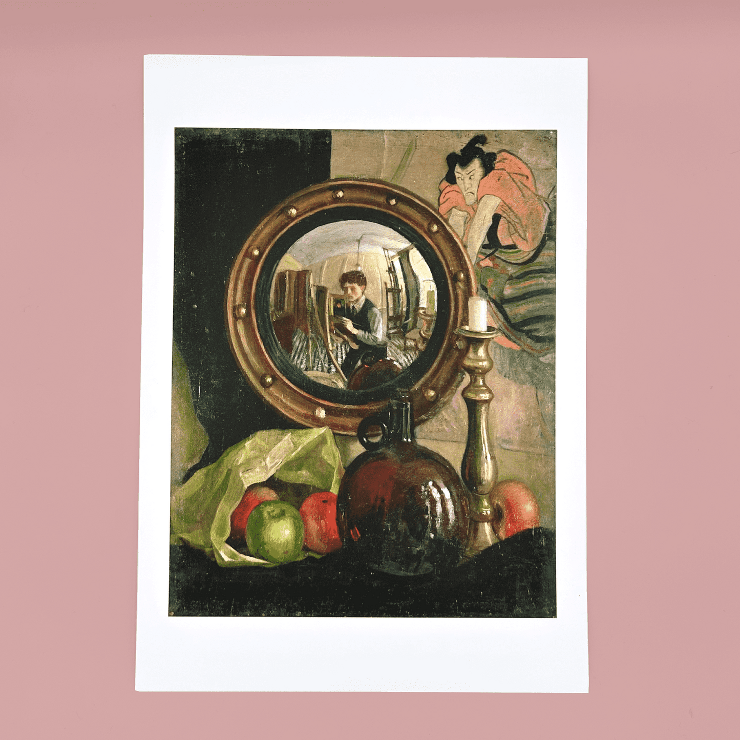 Art print of a still life painting with mirror, apples, and bottles on a pink background