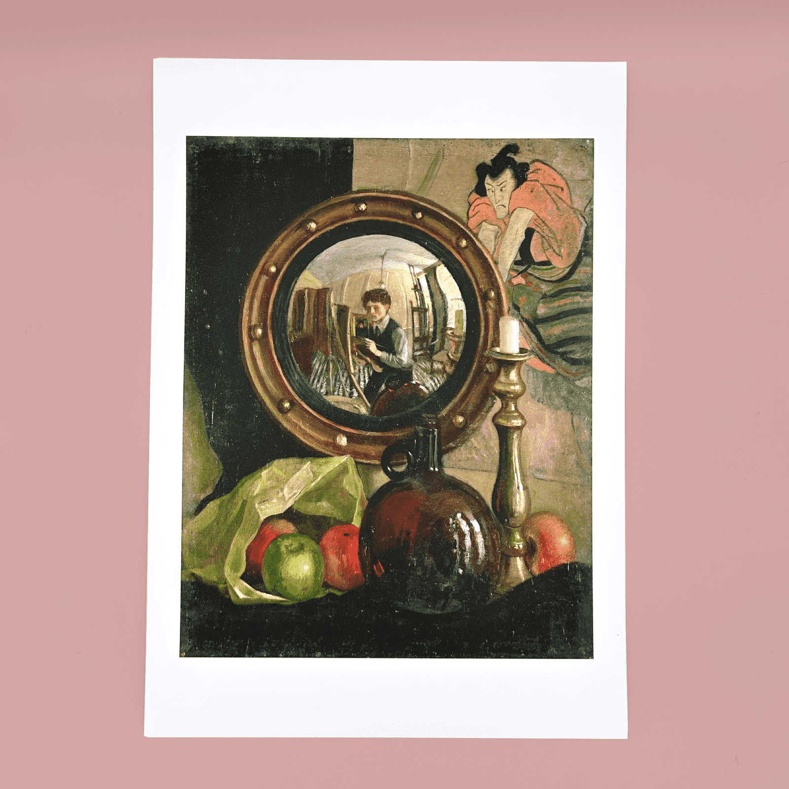 Art print of a still life painting with mirror, apples, and bottles on a pink background