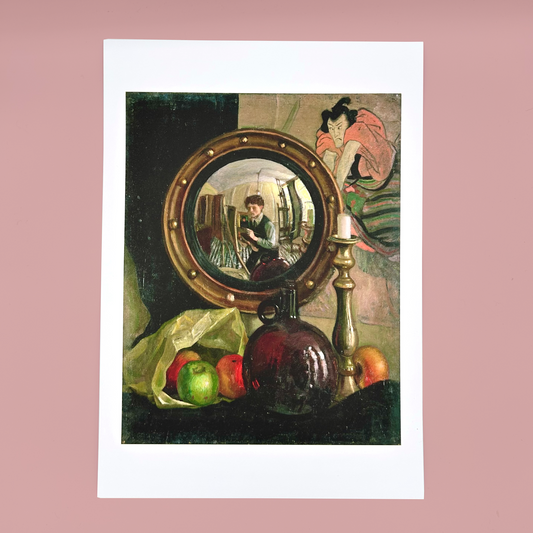 Art print of a still life painting with mirror, apples, and bottles on a pink background