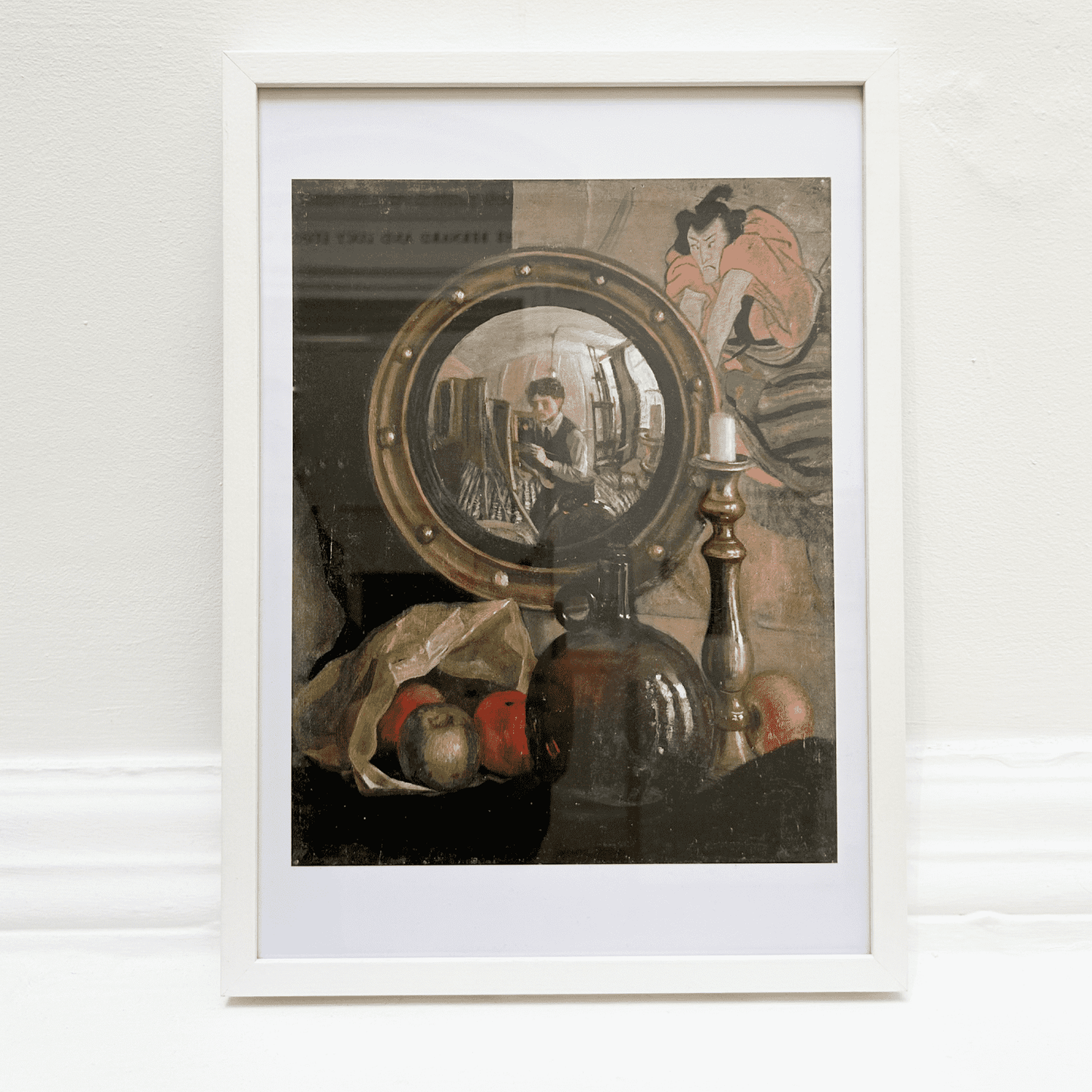 Framed artwork with a mirror and still life elements on a white background