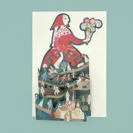 Cut-out illustration of a woman with a red dress holding flowers, set against a blue background.