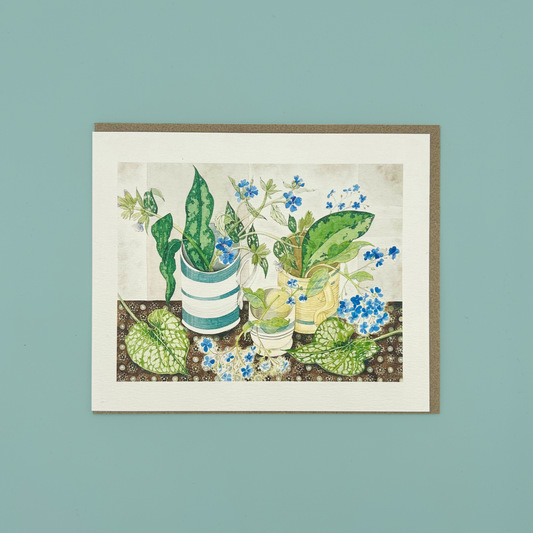 Greeting card with illustrations of potted plants and flowers on a textured background