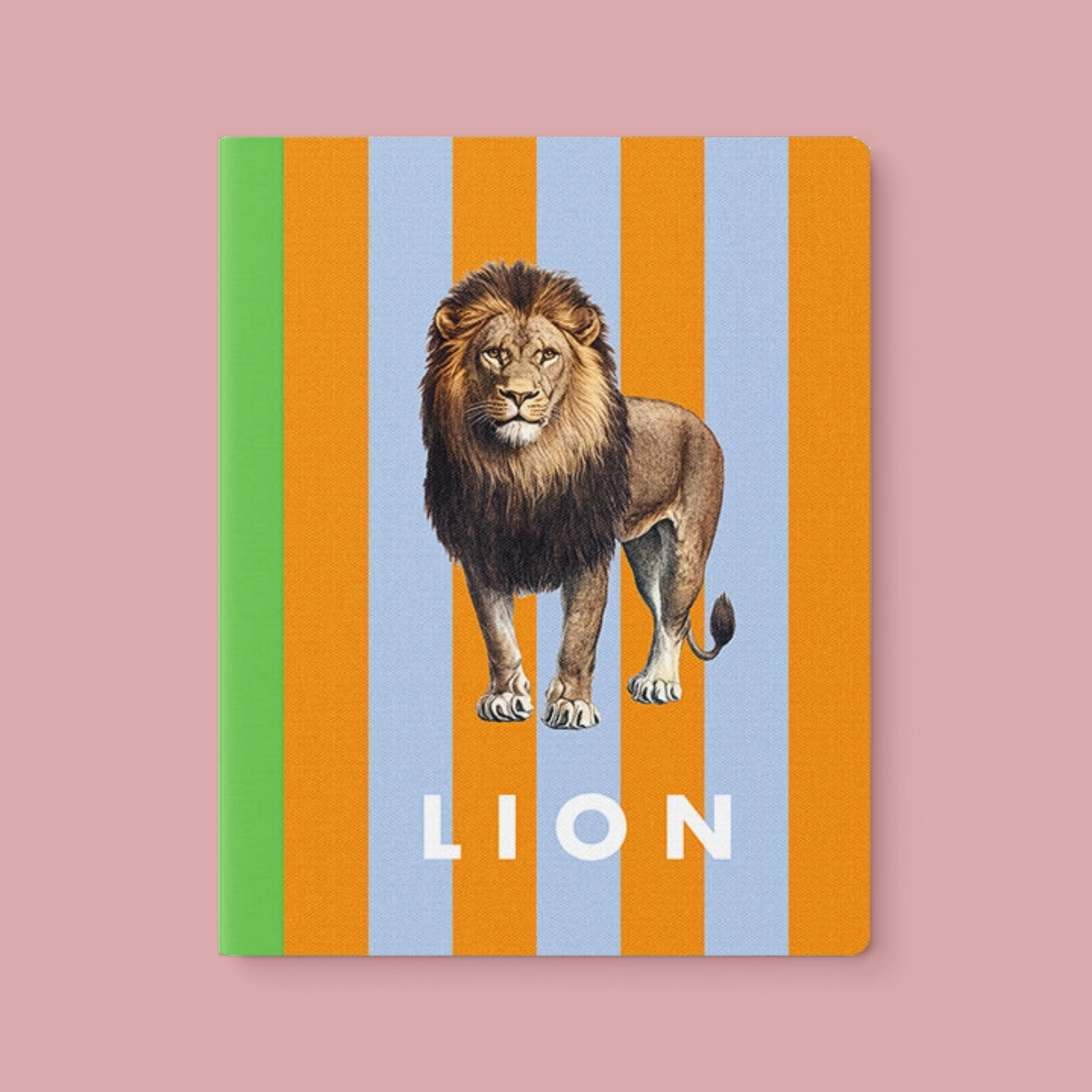 Notebook with a lion illustration on a striped background