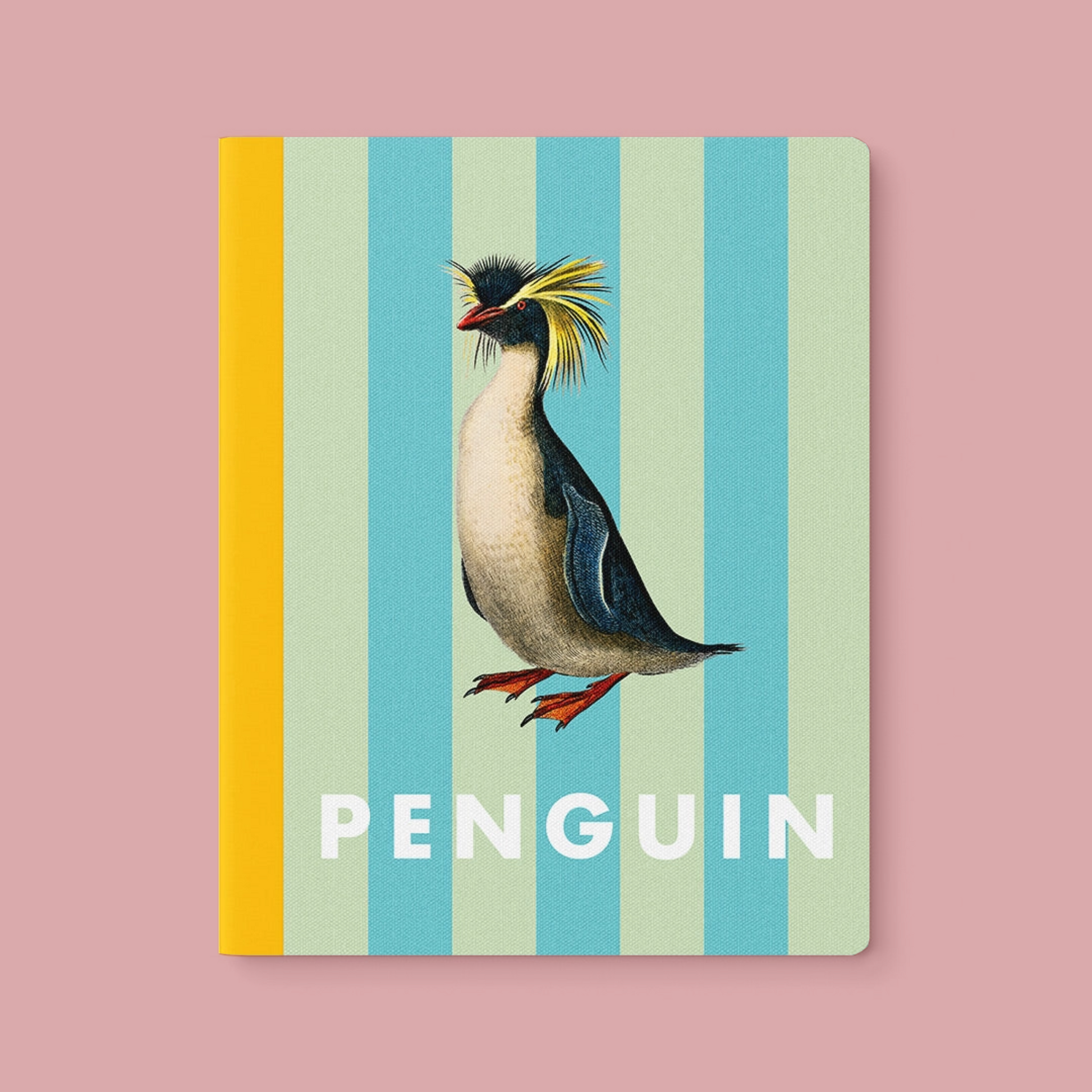 Notebook with a penguin illustration on a striped background