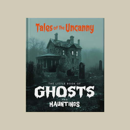 A book cover for 'Tales of the Uncanny: The Little Book of Ghosts and Hauntings' featuring a spooky gray stone house in a foggy graveyard with large orange and white text, centered on a warm beige background.