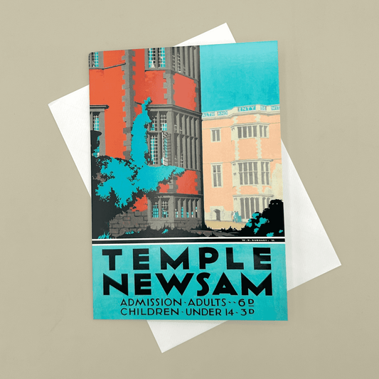 A vintage-style illustrated greetings card with text 'TEMPLE NEWSAM' with colorful building artwork, shown on top of a white envelope against a warm beige background.