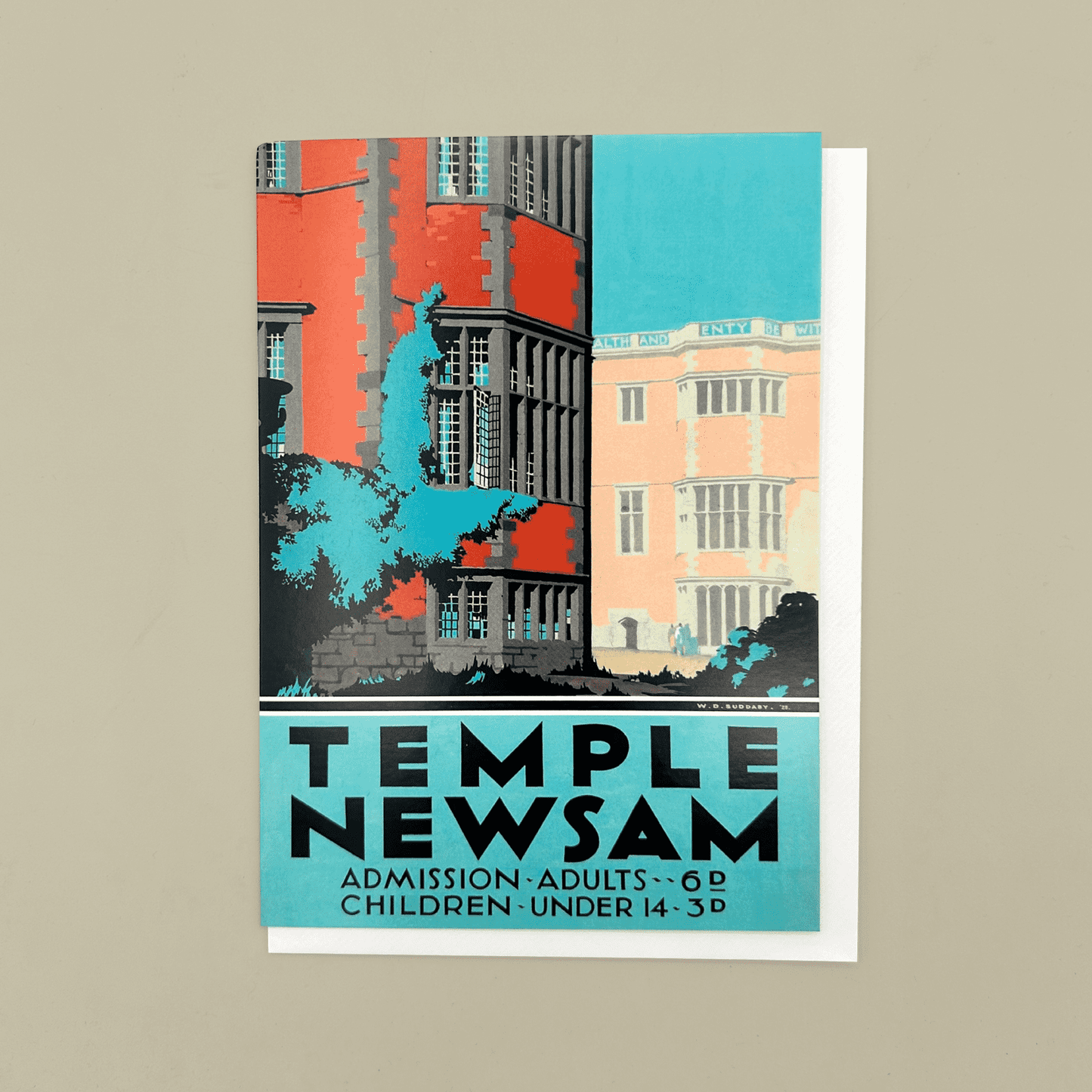 A vintage-style greeting card featuring Temple Newsam architecture in bold coral, teal, peach, black, and cream tones, with large text reading 'TEMPLE NEWSAM' and smaller admission text below, shown against a plain warm beige background.