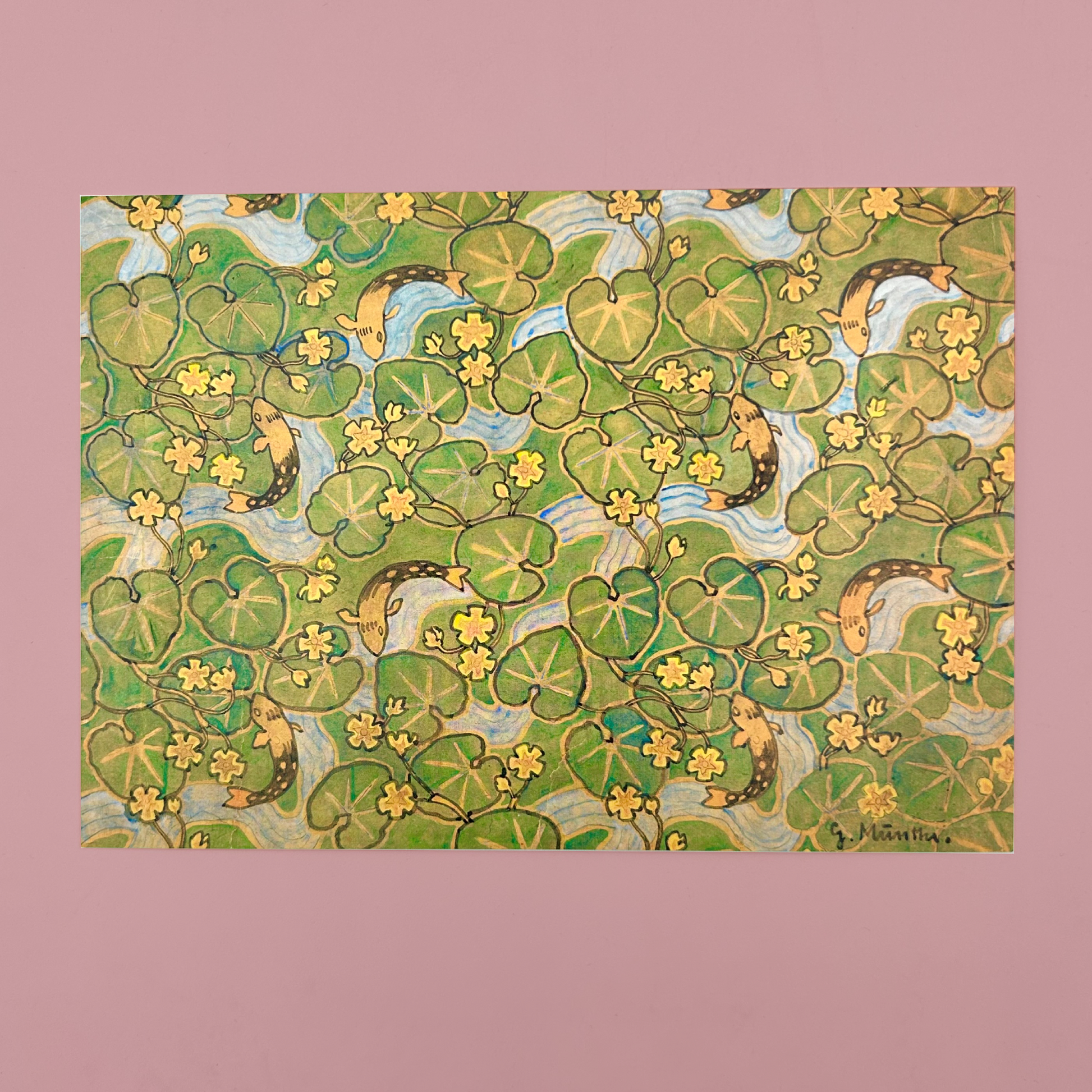Illustration of water lilies and tadpoles on a pink background