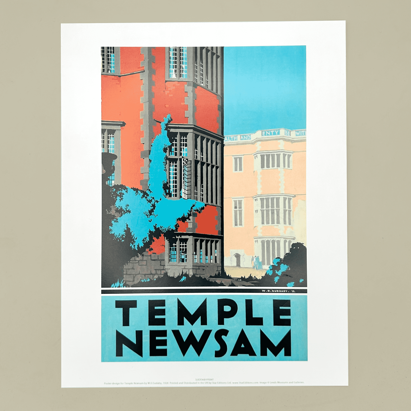 A vintage-style poster print featuring two London buildings, with the text 'TEMPLE NEWSAM' in large black letters on a turquoise block at the bottom. The print is centered on a light beige background.